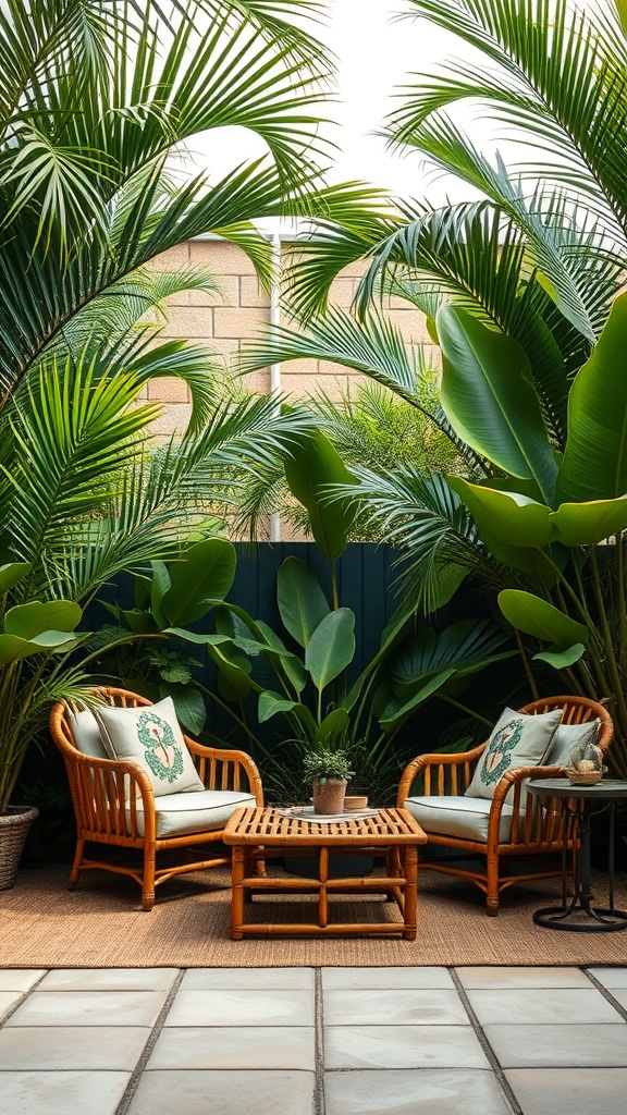 A tropical garden featuring rattan chairs with cushions, a wooden coffee table, and lush green plants.