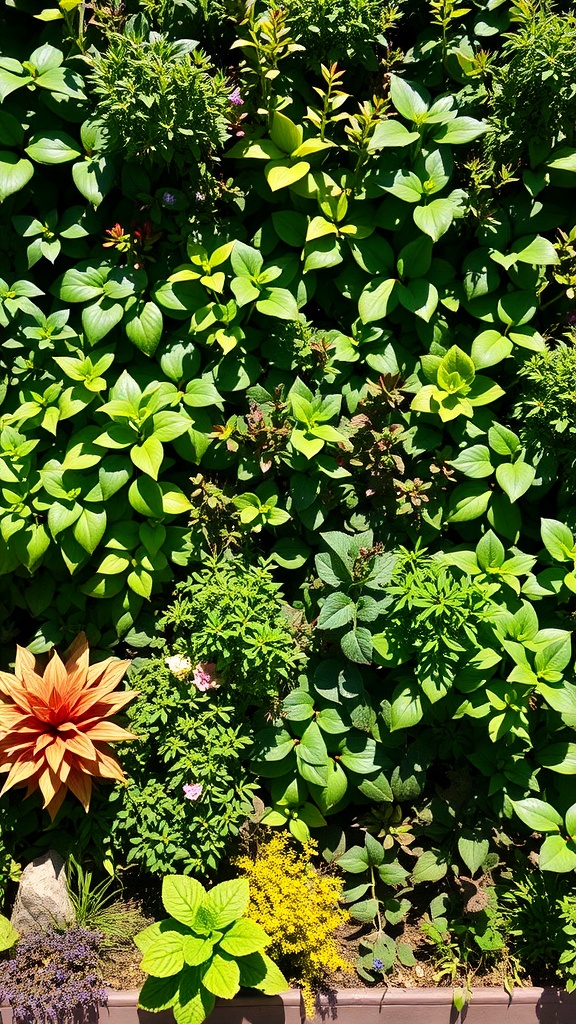 A vibrant living green wall filled with various plants, showcasing different shades of green and a colorful flower.