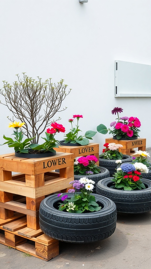 Colorful flowers in planters made from wooden pallets and old tires.