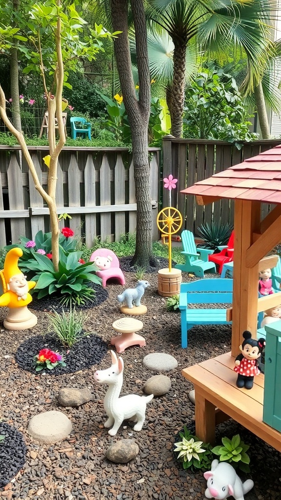 A vibrant children's garden filled with playful decorations and colorful plants.