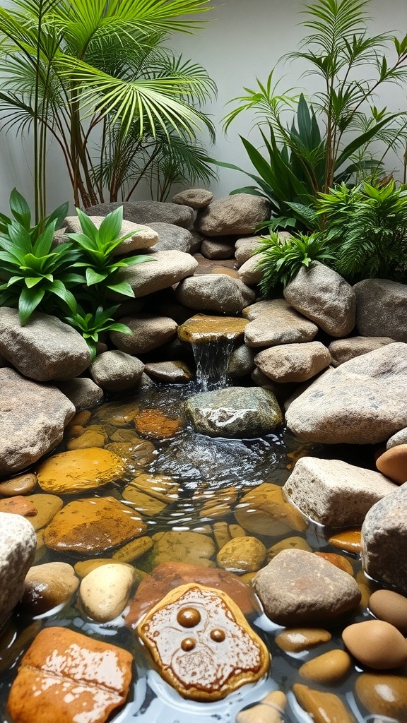 A serene indoor water garden featuring a miniature waterfall surrounded by smooth stones and lush green plants.