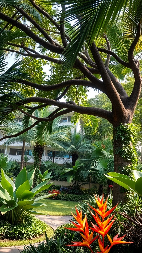 A tropical garden featuring a large canopy tree with lush green leaves and colorful flowers in the foreground.