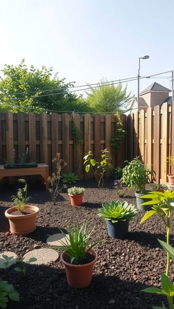 A small garden with various potted plants arranged for maximum sunlight exposure.