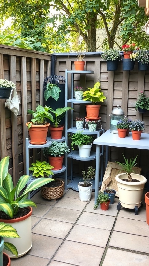 A small patio garden with various plants in pots arranged on shelves and a small table.
