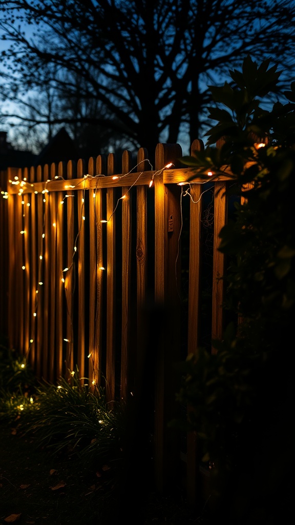 A wooden fence decorated with warm fairy lights at dusk, surrounded by greenery.