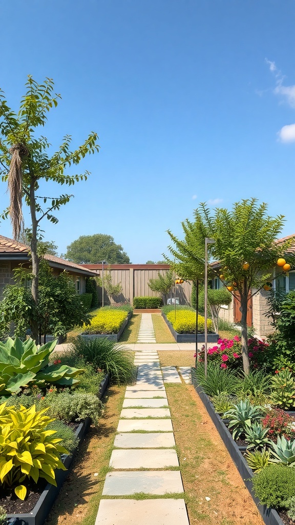 A garden path lined with colorful plants and trees, showcasing a blend of beauty and edible landscaping.