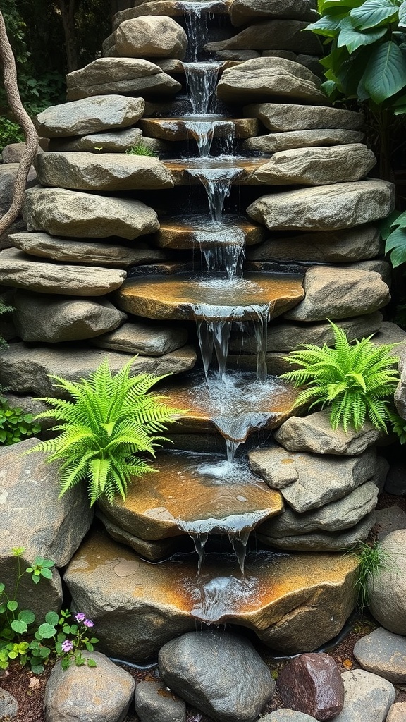 A tiered rock waterfall with cascading water and surrounding greenery.