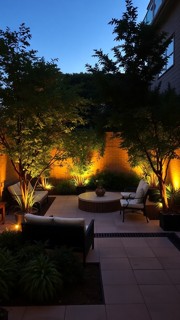 A beautifully lit courtyard garden with seating and trees, showcasing outdoor lighting.
