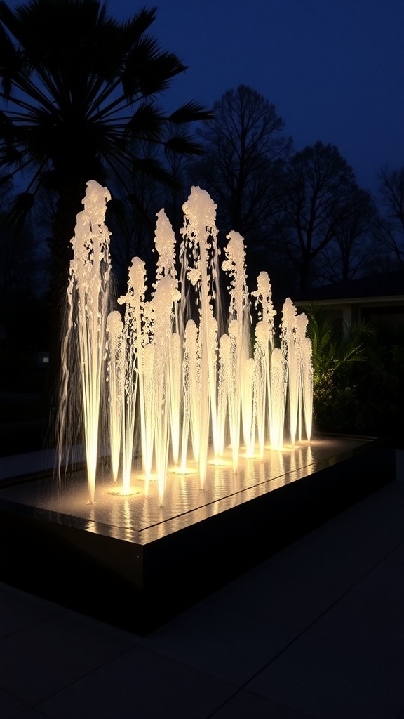 A modern fountain with illuminated water jets at night, surrounded by greenery.