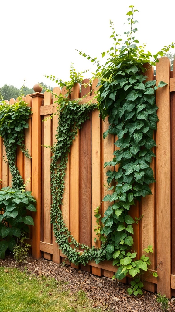 A wooden garden wall with climbing green vines and plants.
