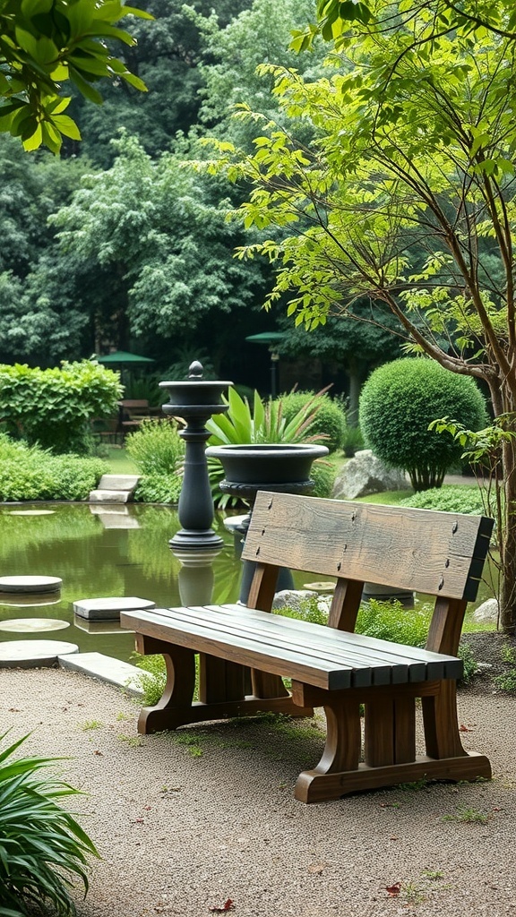 A wooden meditation garden bench beside a tranquil pond surrounded by greenery.