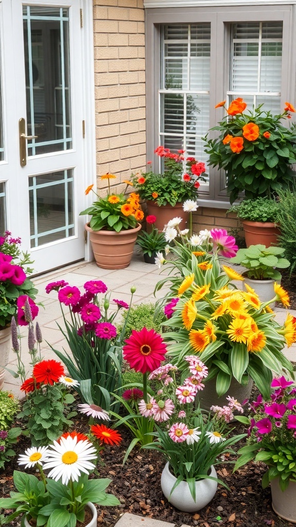 A colorful small patio garden with various flowers in pots
