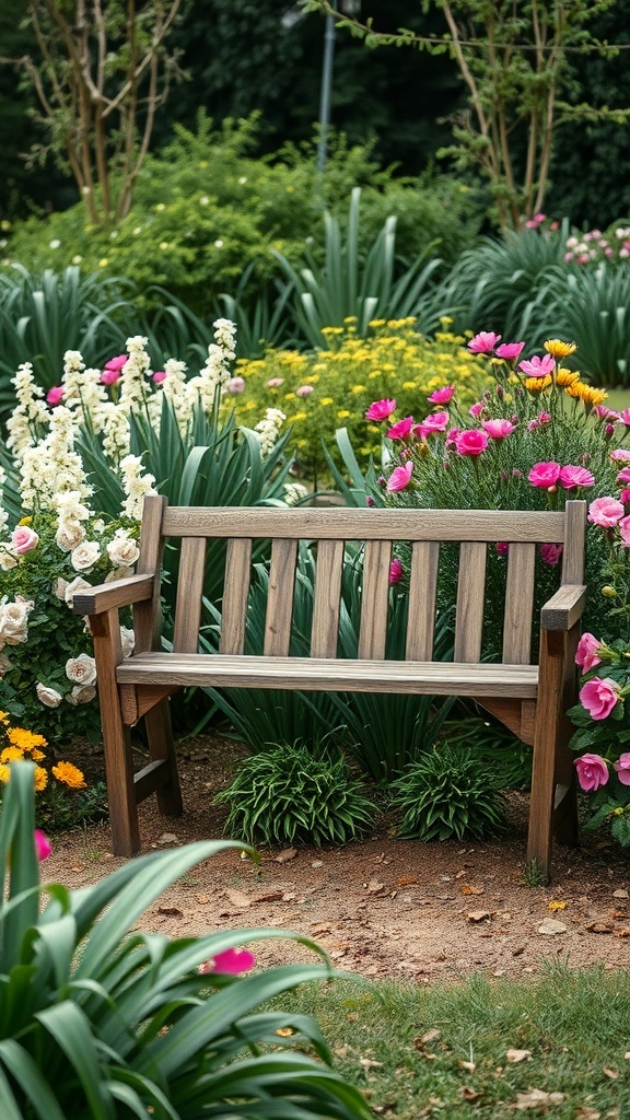A rustic wooden garden bench surrounded by colorful flowers and greenery.