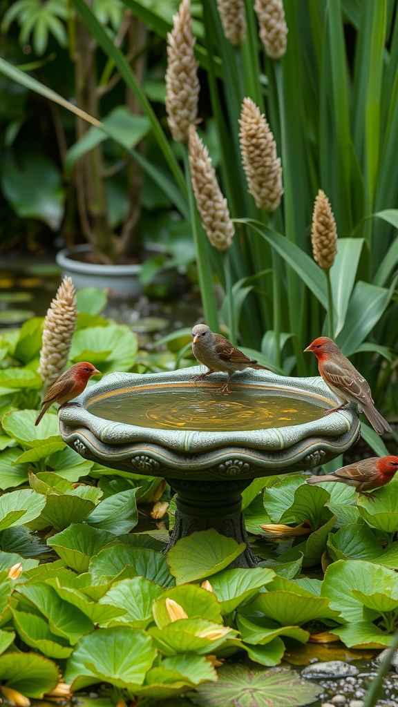 A decorative bird bath surrounded by green leaves and plants, with birds perched on the edge.