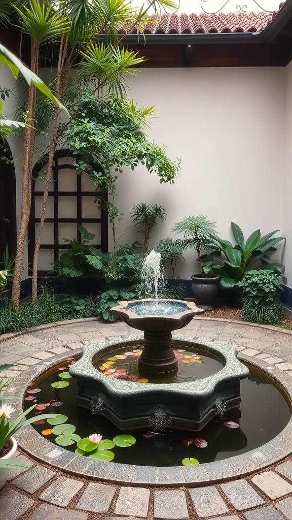 A serene courtyard garden featuring a fountain surrounded by lush greenery and lily pads.