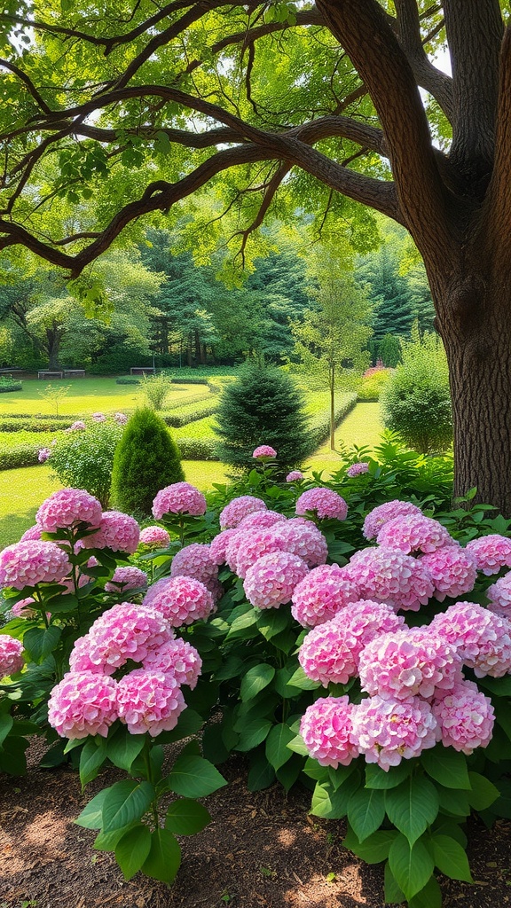 A garden featuring pink hydrangeas in full bloom, surrounded by lush green foliage and trees.