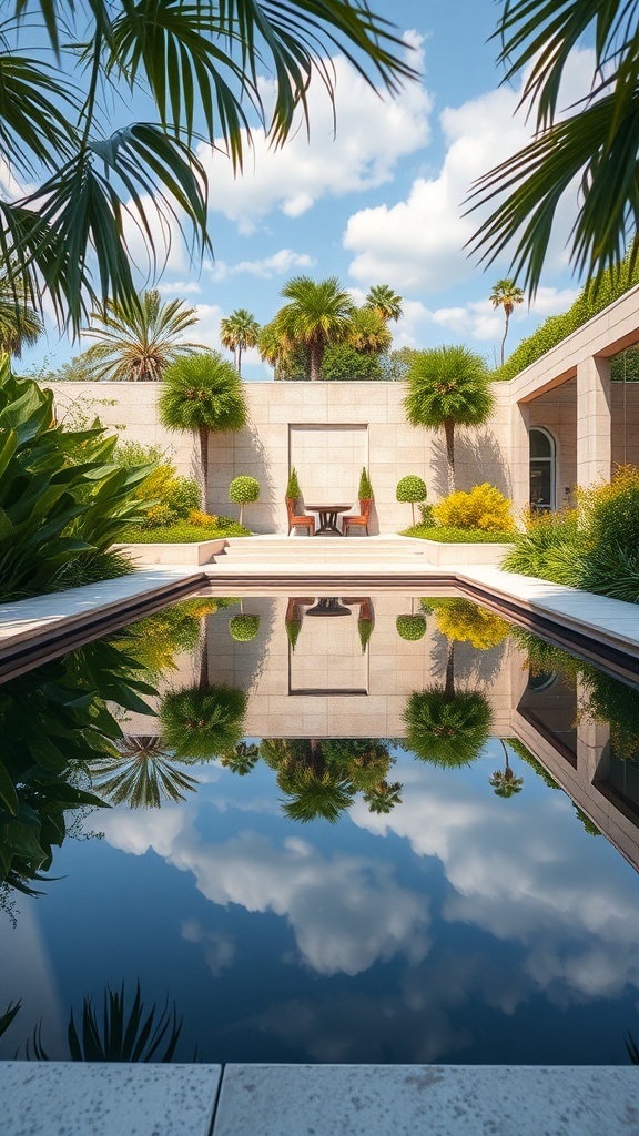 A serene reflecting pool surrounded by palm trees and lush greenery, reflecting the sky and plants.