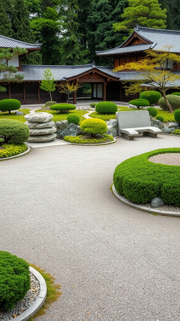 A serene Japanese garden featuring shaped shrubs, rocks, and a peaceful layout.
