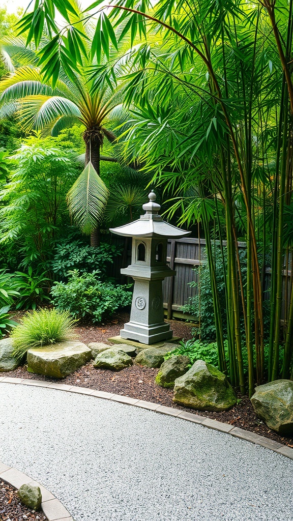 A tranquil Zen garden featuring bamboo, palm trees, a stone lantern, and a winding gravel path.