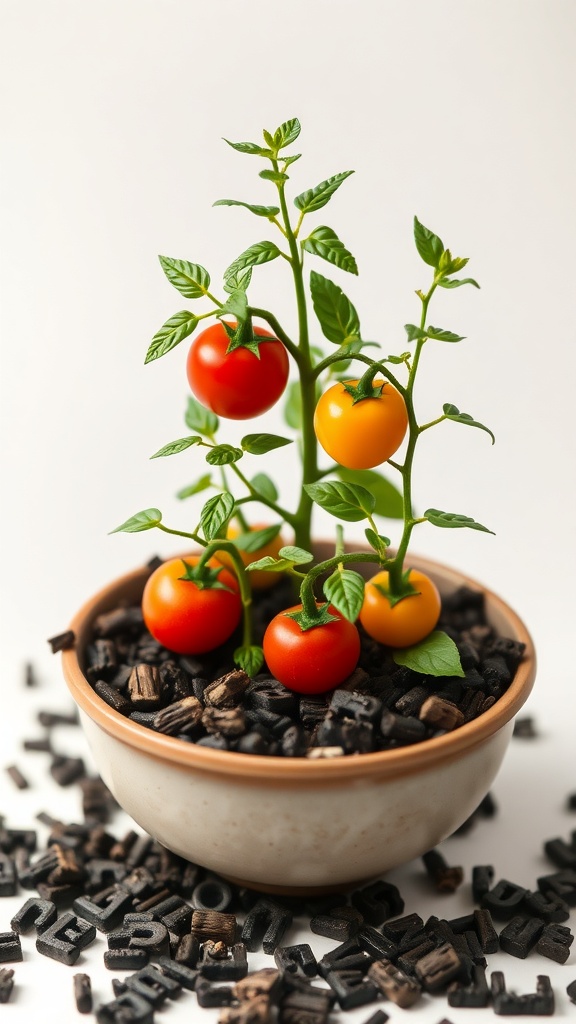 A miniature vegetable dish garden featuring red and yellow tomatoes in a bowl with black soil.