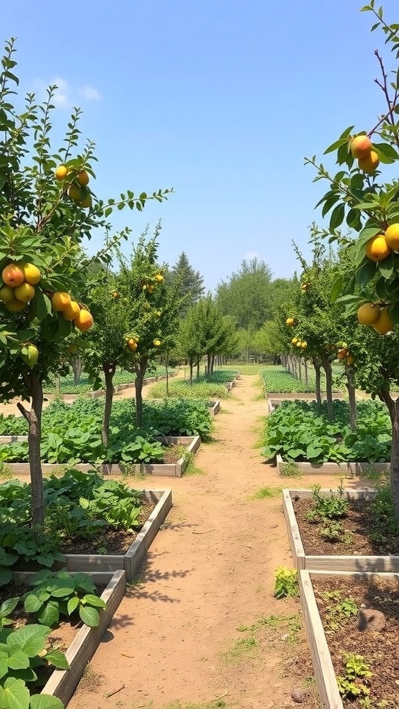 A garden featuring fruit trees and raised vegetable beds along a pathway.