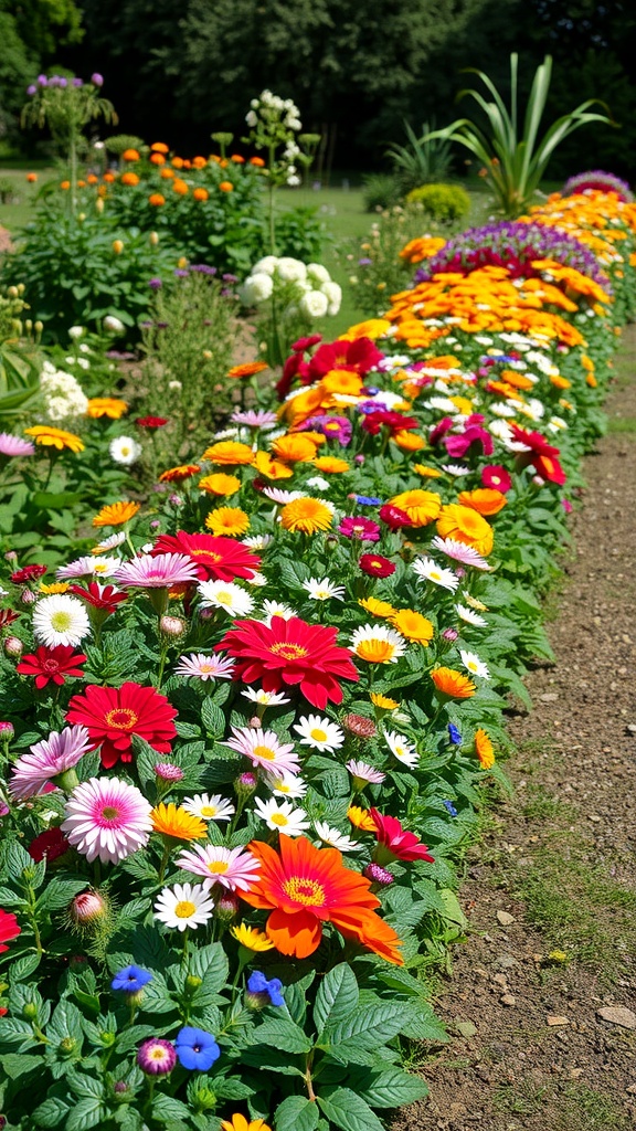 A colorful flower border featuring a variety of blooms in red, pink, yellow, and blue.