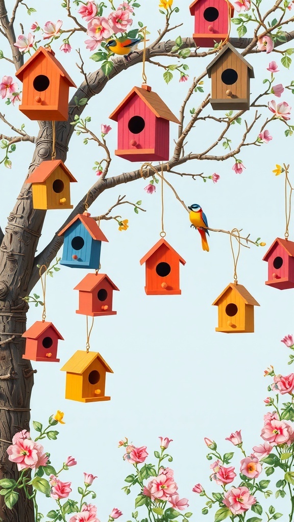 Colorful birdhouses hanging from a tree with flowers around them