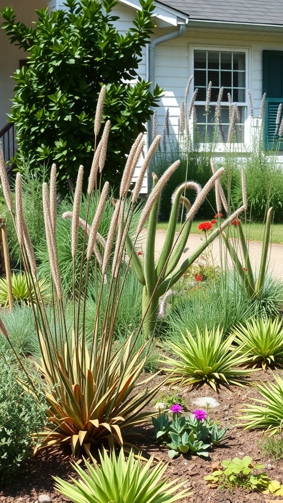 A front garden featuring a variety of native plants, including tall spiky plants and lush greenery.