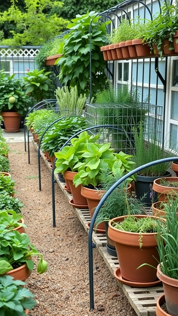 A vibrant herb garden featuring various herbs in terracotta pots arranged on wooden shelves.