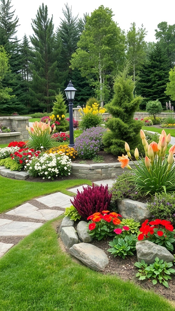 A garden with natural stone borders, colorful flowers, and a lamp post.