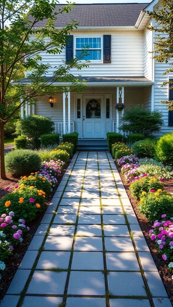 A welcoming front garden with a stone pathway lined with colorful flowers and trimmed bushes leading to a house.