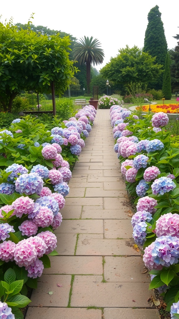 A beautiful pathway lined with pink and blue hydrangeas in a garden.