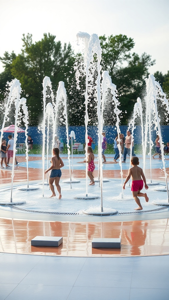 Children playing in a splash pad with water jets