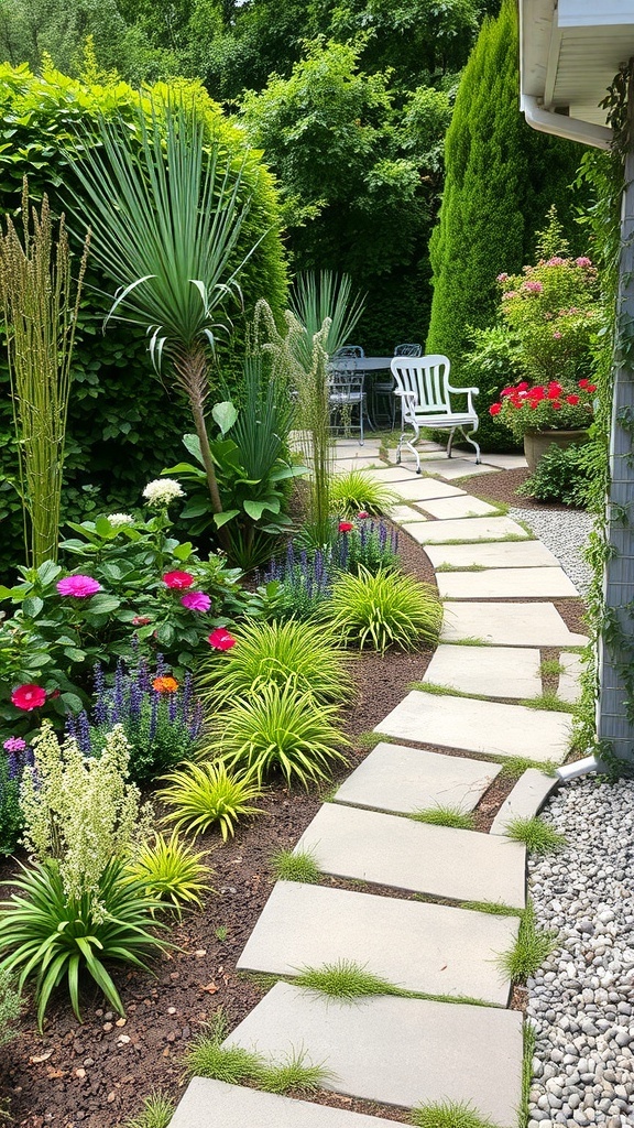 A wheelchair user enjoying a side garden with a smooth stone pathway surrounded by lush greenery and flowers.