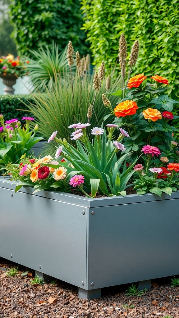 A modern metal raised garden bed filled with colorful flowers.