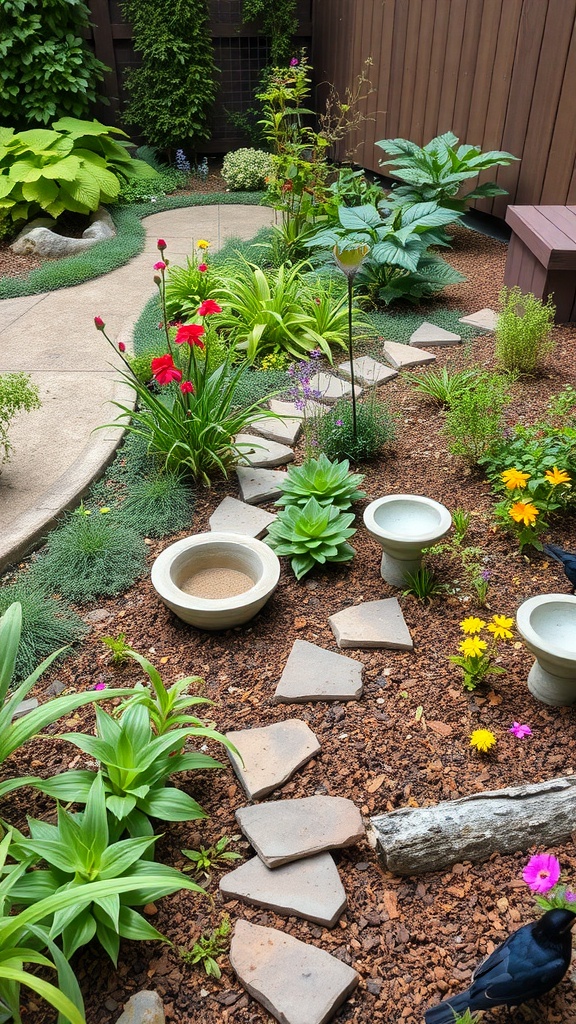 A small garden layout featuring a stone path, colorful flowers, and birdbaths.