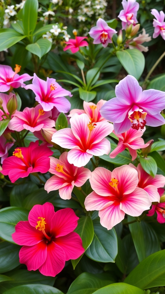 A vibrant display of tropical flowers, featuring pink and red hibiscus blooms surrounded by lush green leaves.