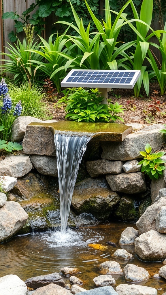 A solar-powered waterfall with a solar panel, flowing water, and surrounding plants.