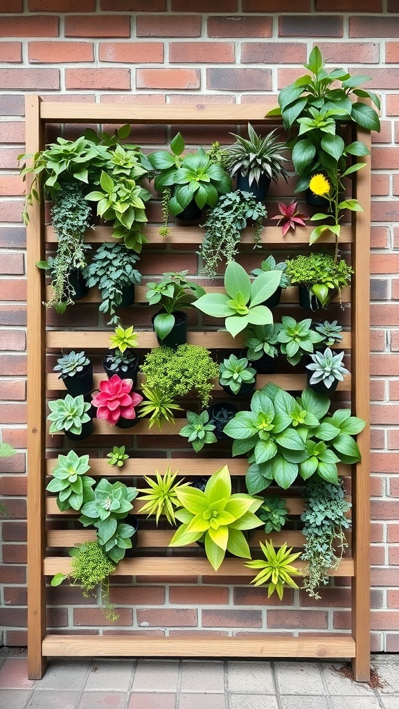 A vertical garden featuring a variety of plants arranged in a wooden frame against a brick wall.
