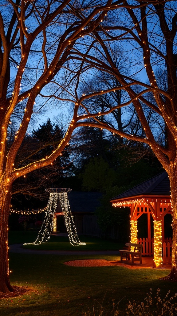 A garden decorated with fairy lights on trees and a gazebo, creating a warm evening atmosphere.