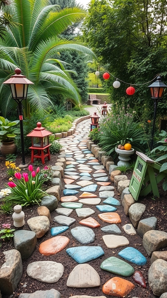Colorful stone pathway in a lush garden with lanterns and flowers