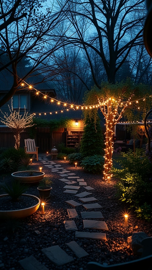 A small garden path illuminated with string lights and candles, creating a cozy atmosphere.