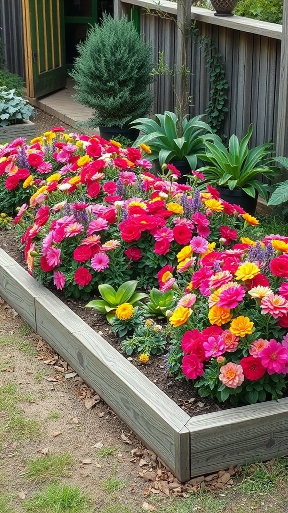 Colorful flower bed bordered by wooden planks