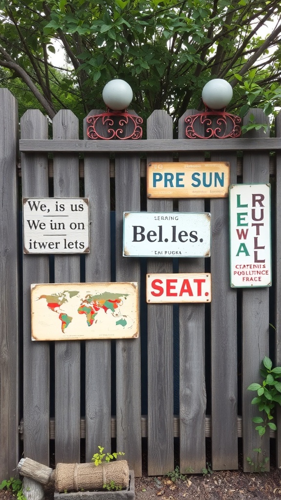 A wooden garden fence adorned with various vintage signs and artwork.