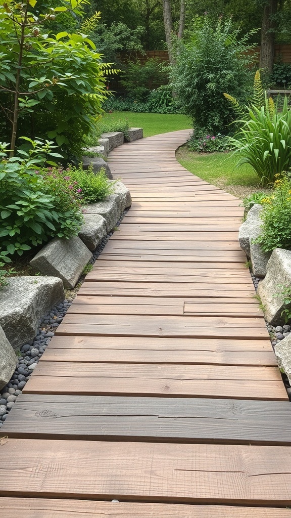 A wooden garden path surrounded by greenery and stone borders.