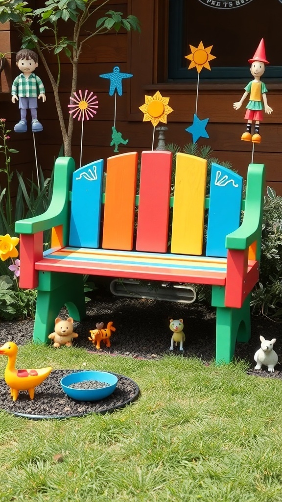 A colorful children's garden bench surrounded by playful decorations and toys.