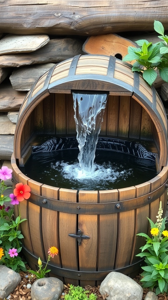 Wooden barrel water feature with flowing water and colorful flowers
