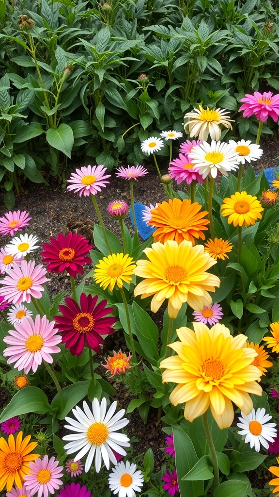 A colorful display of seasonal flowers including daisies and gerberas in a garden setting.