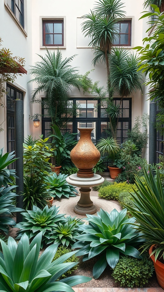 A courtyard garden featuring a decorative pot on a pedestal surrounded by various plants.