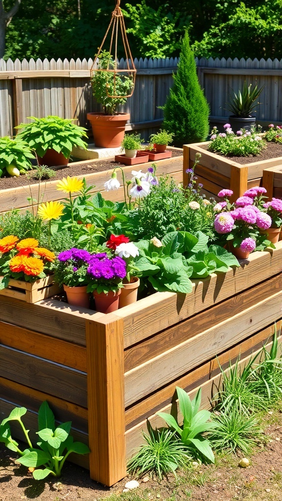 A classic wooden raised garden bed filled with colorful flowers and plants.